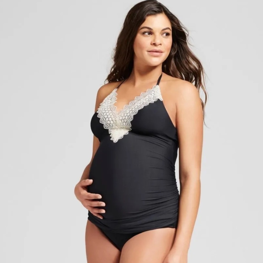 One-Piece Lace Trimmed Dark Goth Maternity Swimsuit Black V-Neck Size Me…